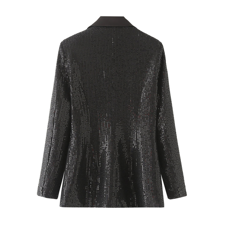 Women's tailored sequin blazer with satin shawl lapel and welt pockets Mune Fashion