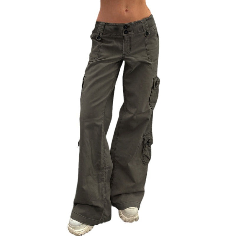 Women's high waist cargo pants with straight leg, multiple flap pockets and prominent button details Mune Fashion
