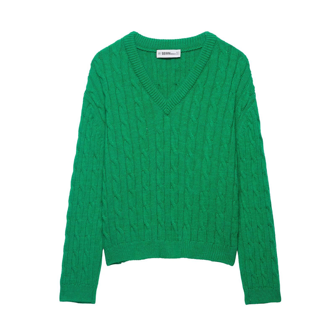 Ladies Chunky Knit V-Neck Cable Knit Sweater with Ribbed Cuffs Mune Fashion
