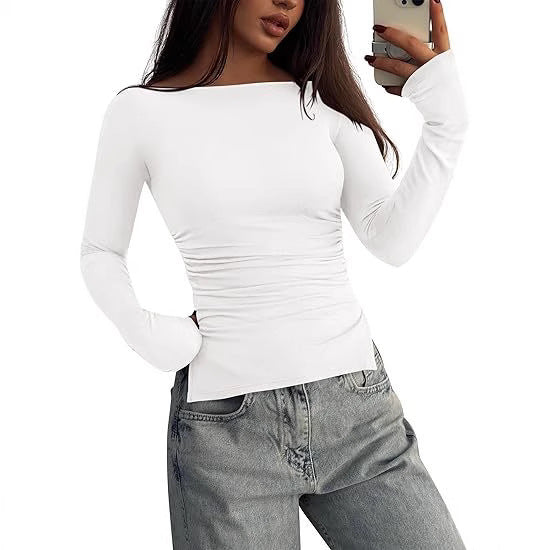 Women's Fitted Long Sleeve Top with Wide Boat Neck, Side Gathering and Extended Sleeve Cuffs Mune Fashion