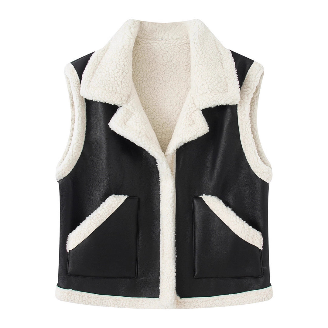 Women's Sleeveless Lambskin Look Vest with Notched Collar and Patch Pockets Mune Fashion