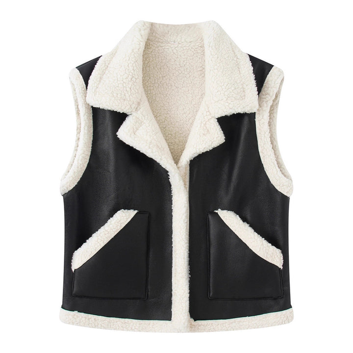 Women's Sleeveless Lambskin Look Vest with Notched Collar and Patch Pockets Mune Fashion