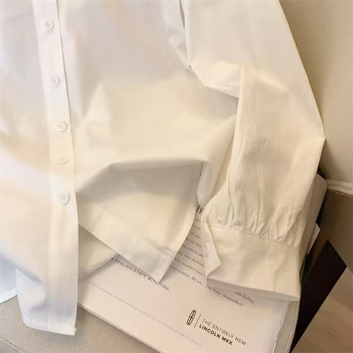Women’s pearl-embellished shirt blouse with puff sleeves and pointed collar Mune Fashion