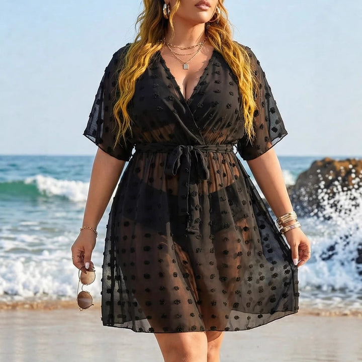 Ladies transparent beach cover-up with floral appliqués Mune Fashion