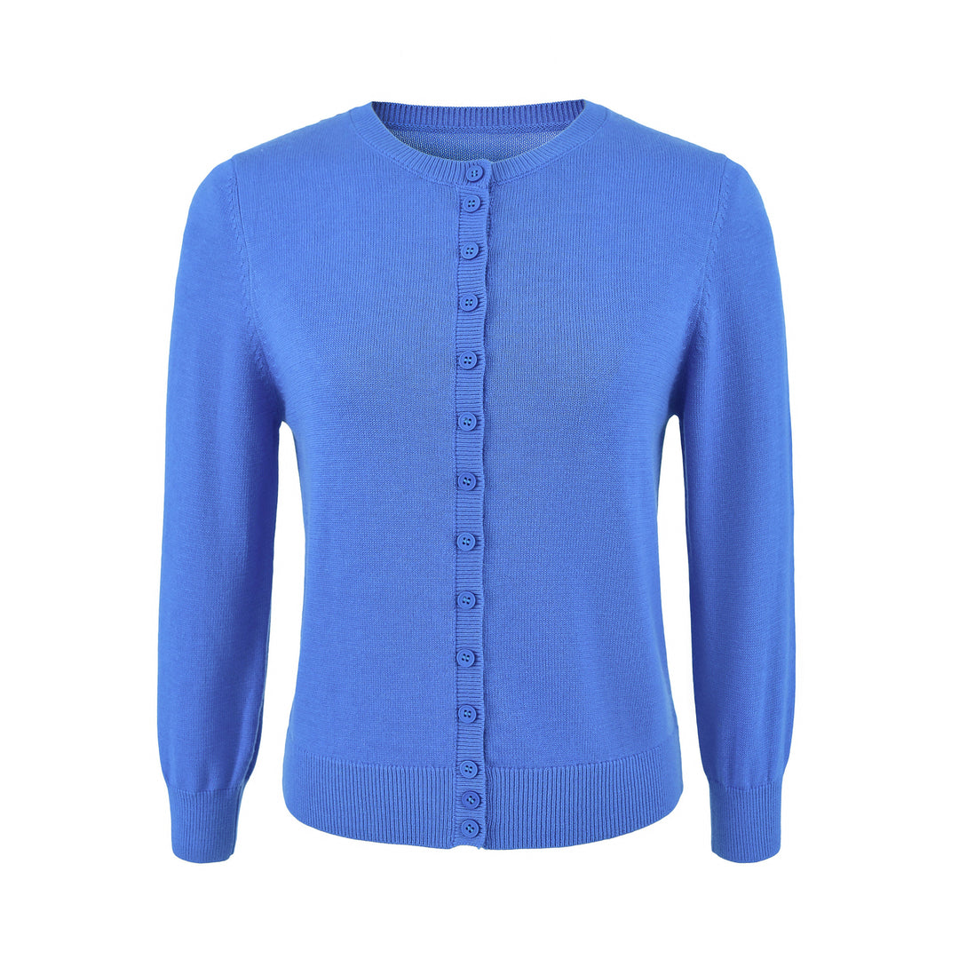 Ladies finely knitted round neck cardigan with button placket and ribbed cuffs Mune Fashion
