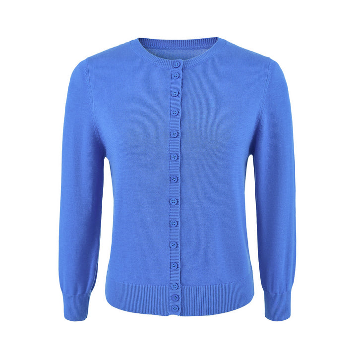 Ladies finely knitted round neck cardigan with button placket and ribbed cuffs Mune Fashion