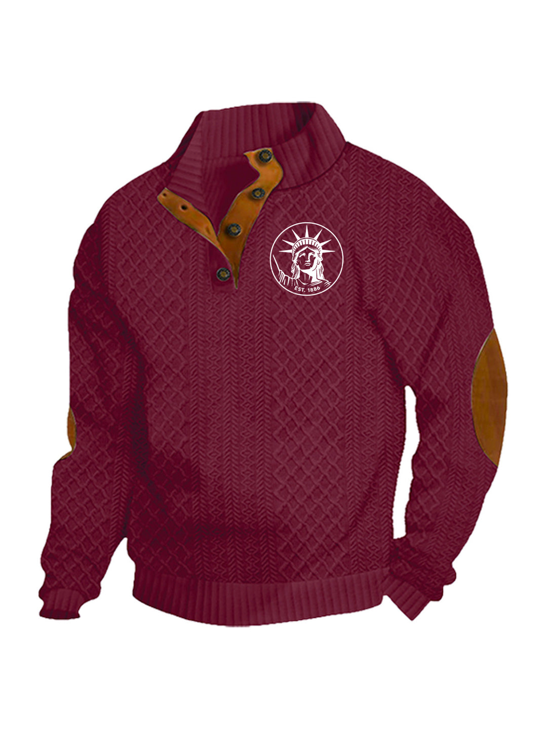 Men's nan Heritage textured pullover with stand-up collar faux leather trim elbow patches and half-button placket Mune Fashion