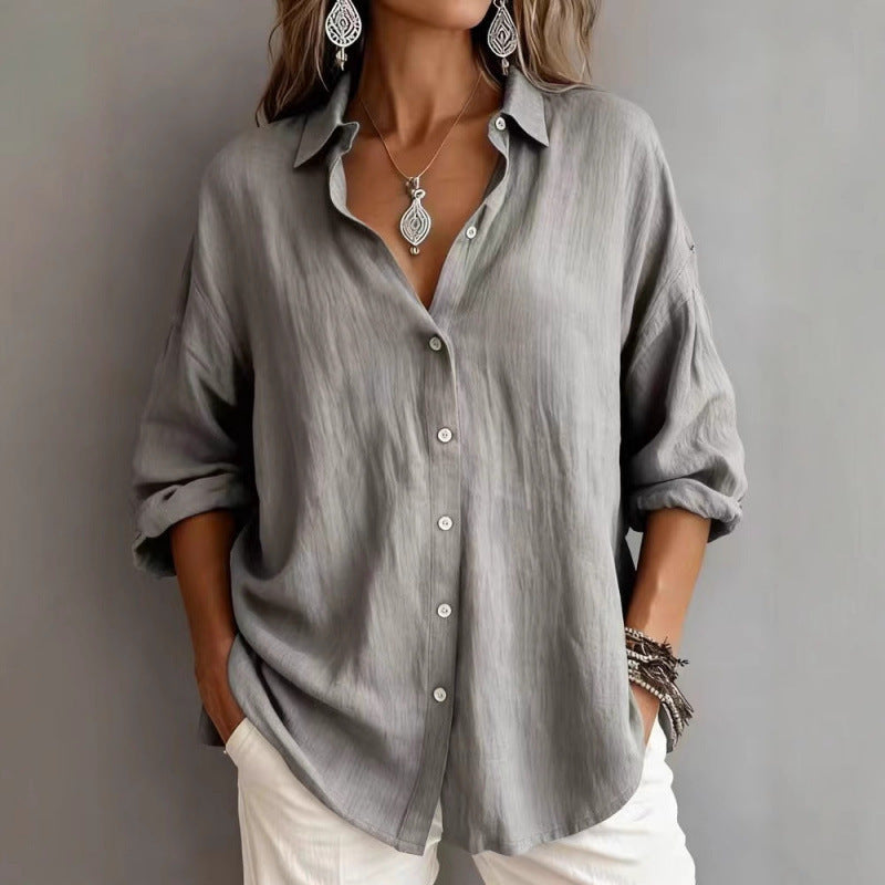 Women's Loose Linen Look Shirt with Oversized Cut and Round Hem Mune Fashion