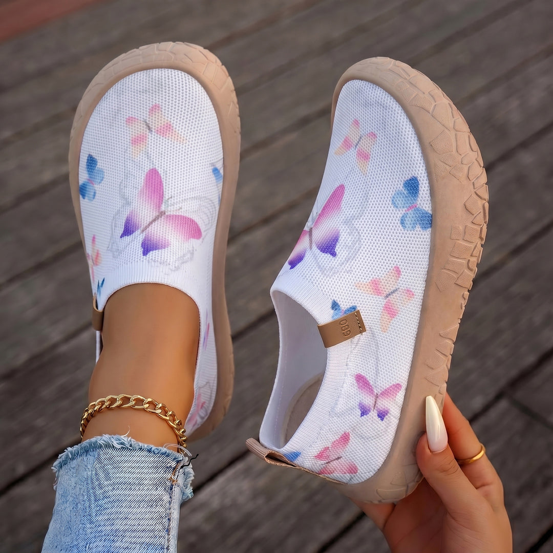Women's breathable knit slippers with watercolor butterfly print and grippy outdoor sole Mune Fashion