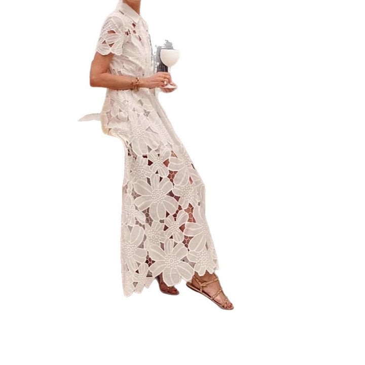 Women's flared maxi dress made of floral embroidery with a shirt collar, button placket, and tie belt Mune Fashion