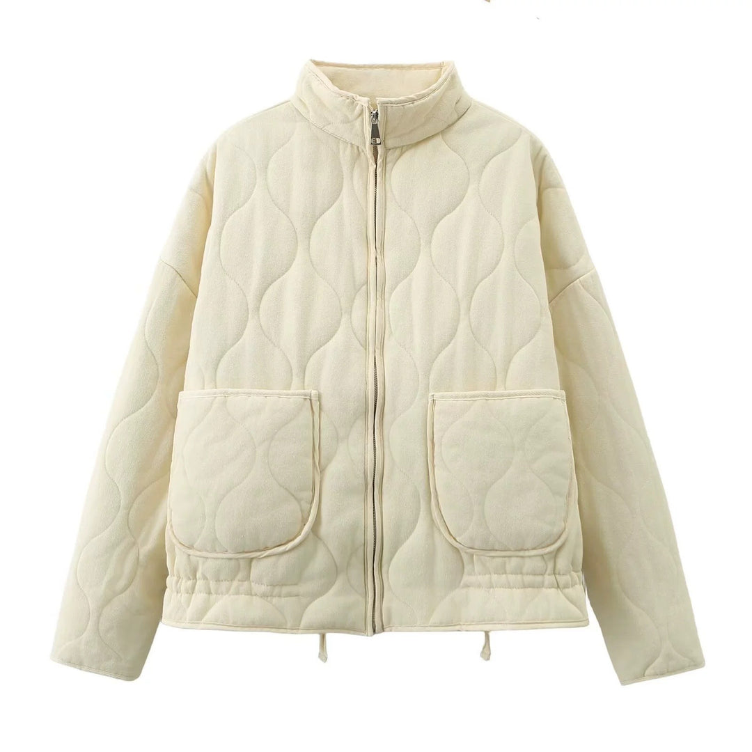 Unisex quilted jacket with stand-up collar, front pockets, and drawstring Mune Fashion