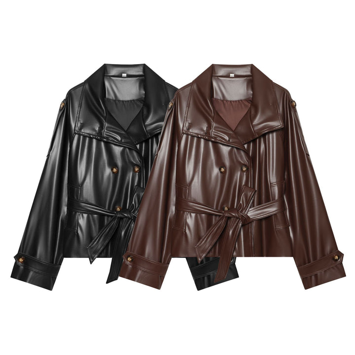 Women's Short Double-Breasted Faux Leather Trench Coat with Waist Belt Mune Fashion