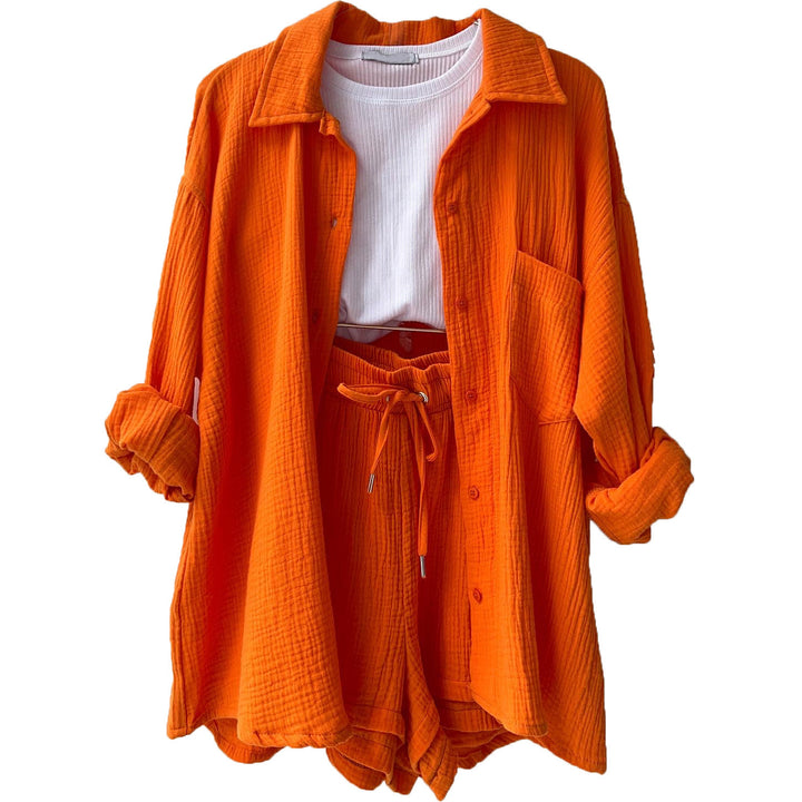 Women's casual oversized shirt and shorts set with chest pocket, drawstring, and brushed cotton texture Mune Fashion