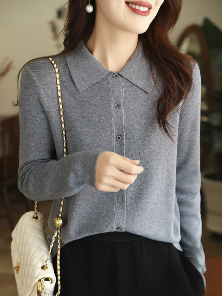 Women Lightweight Fine Knit Cardigan with Polo Collar and Continuous Button Placket Mune Fashion