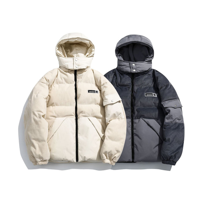 Women's cord quilted puffer jacket with hood and utility arm pocket Mune Fashion