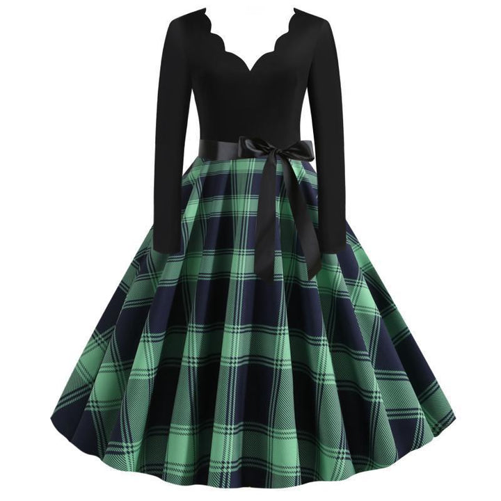 Women’s Retro Swing Dress with Zigzag Heart Neckline, Tailored Long Sleeve Top and Checkered Flared Skirt Mune Fashion
