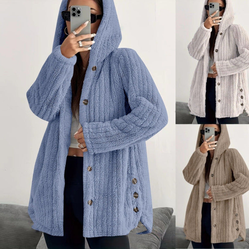Women's Hooded Teddy Coat with Button Placket and Oversized Fit Mune Fashion