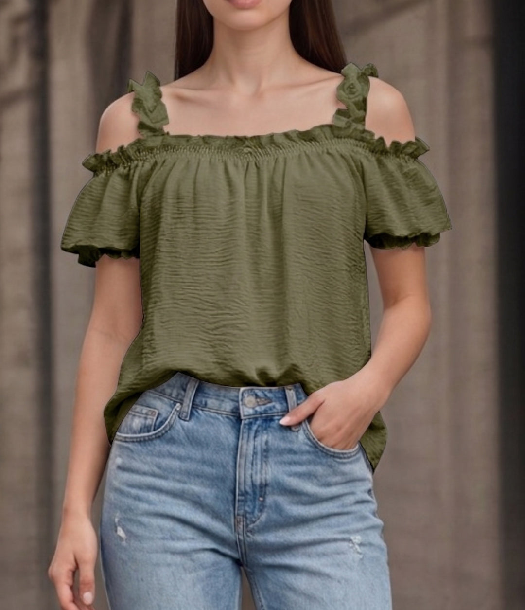 Women's Off-Shoulder Crinkle Top with Smocked Bandeau, Ruffled Straps and Wing Sleeves Mune Fashion