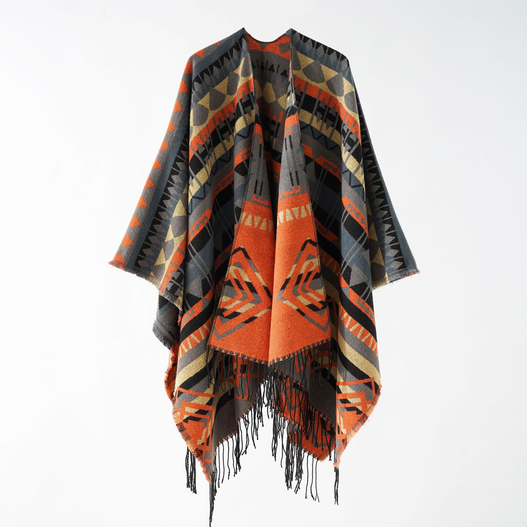 Women Woven Fringe Poncho with Ethno-Jacquard and Oversized Drop Mune Fashion