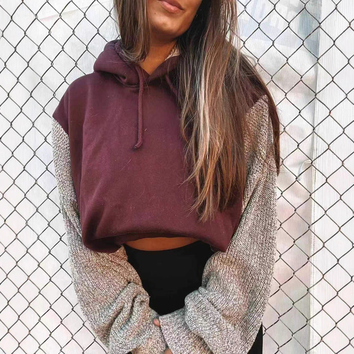 Women's Hooded Cropped Pullover with Wide-Cut Knitted Sleeves and Drawstring Mune Fashion