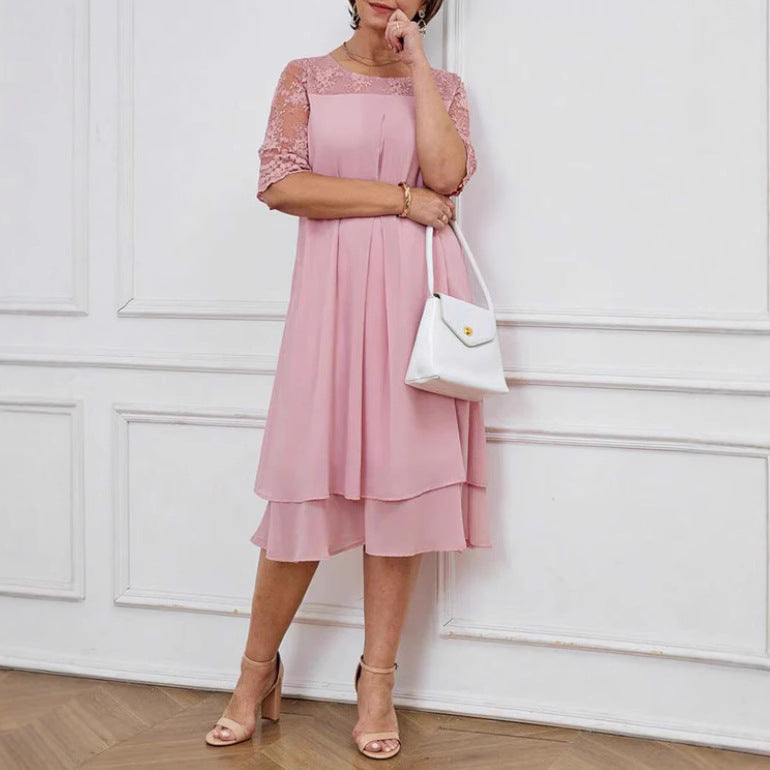 Women's A-line chiffon dress with floral embroidered lace yoke, hidden centre seam pleat, and layered ruffle Mune Fashion