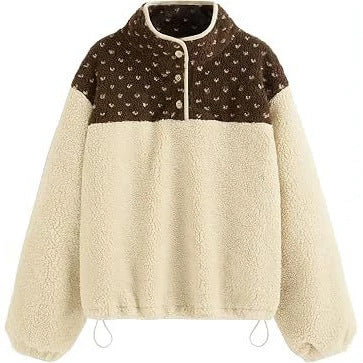 Women's teddy fleece pullover with stand-up collar, press button placket, and drawstring Mune Fashion