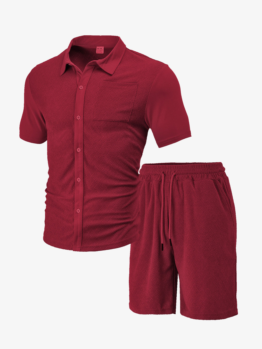 Men's buttoned leisure set with shirt collar herringbone structure chest pocket and drawstring shorts Mune Fashion