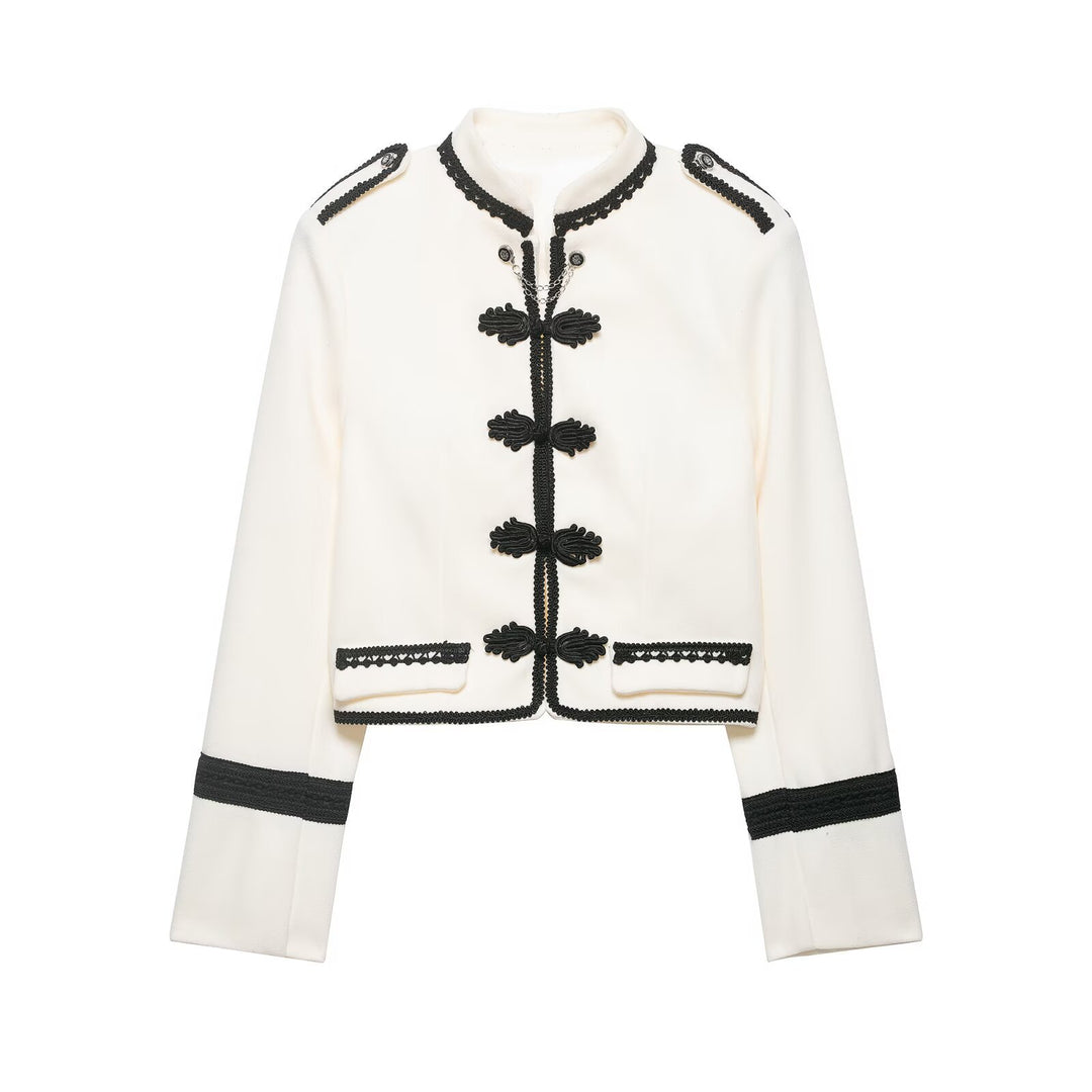 Ladies short jacket in military style with stand-up collar, decorative cords and decorative frog closures Mune Fashion