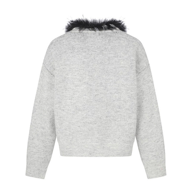 Women's cardigan with faux fur collar and illustrative dog motif Mune Fashion