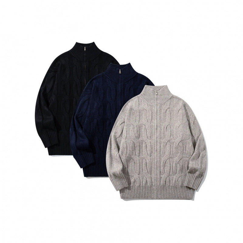 Unisex Chunky Knit Zip-up Cardigan with Cable Pattern and High Ribbed Collar Mune Fashion