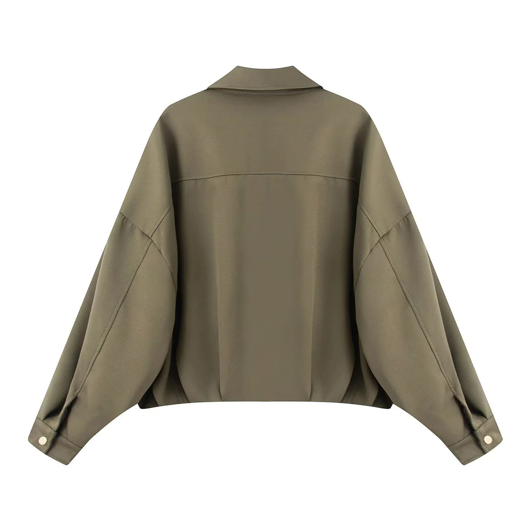Women nan cropped overshirt jacket with extra long sleeve part, large flap pockets and hidden button placket Mune Fashion