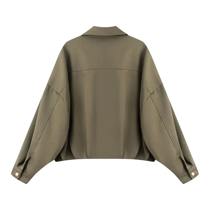 Women nan cropped overshirt jacket with extra long sleeve part, large flap pockets and hidden button placket Mune Fashion