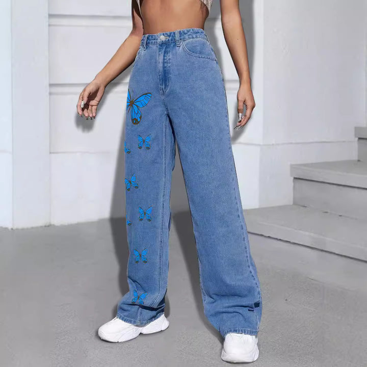 Women Wide Jeans Pants with Butterfly Print Mune Fashion