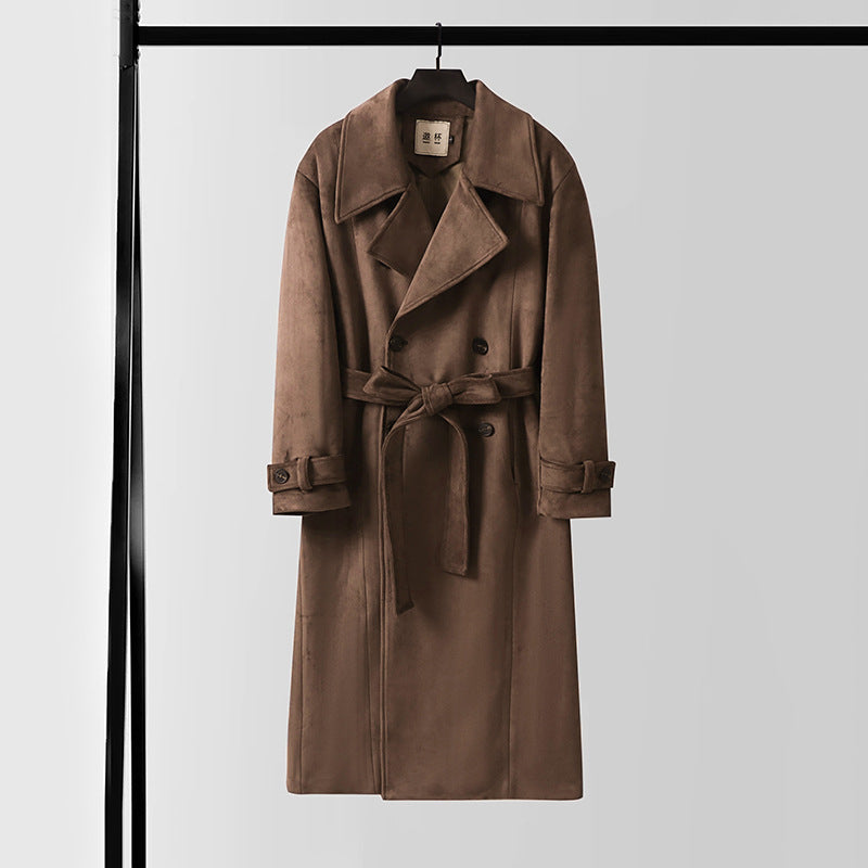 Men's Maxi Length Velour Coat in Trench Look with Wide Lapels and Belt Mune Fashion