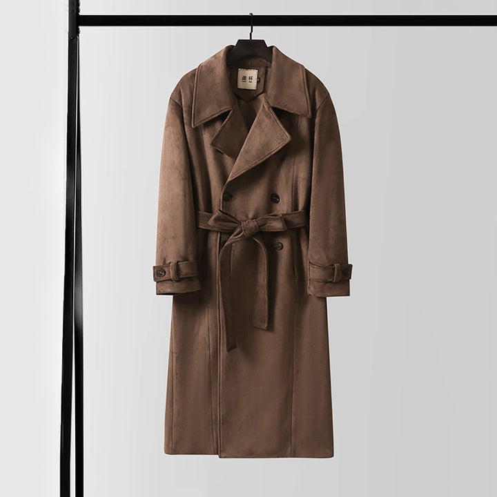 Men's Maxi Length Trench Coat in Suede Look with Double Breasted and Waist Belt Mune Fashion