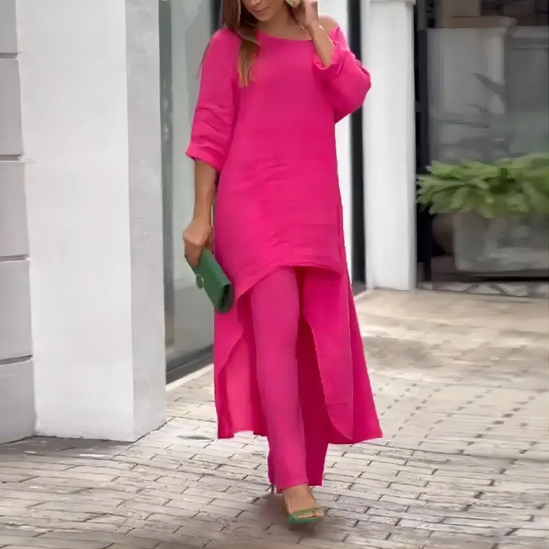 Women's oversized linen two-piece set with asymmetrical tunic and loose Marlene pants Mune Fashion