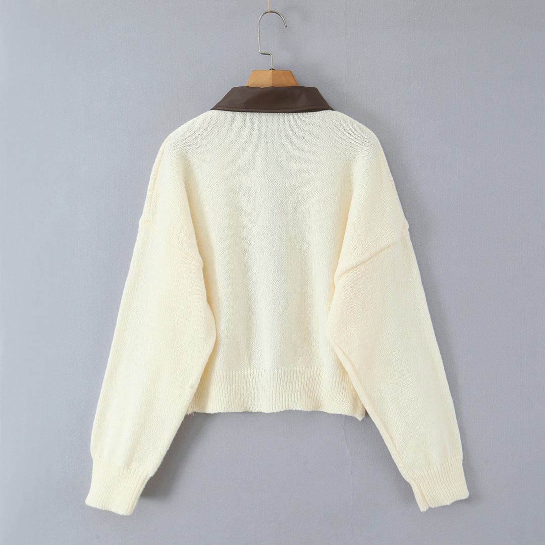 Women's 10+ Oversized Cardigan with Two-Way Zipper and Pointed Contrast Collar Mune Fashion