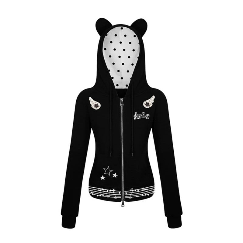 Women's hooded sweat jacket with bear ears, zipper, musical print and polka lining Mune Fashion
