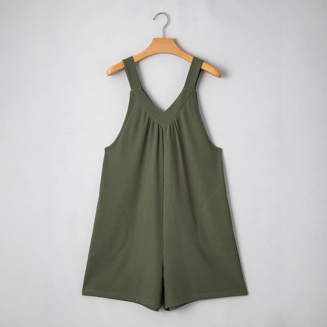 Women's Sleeveless Waffle Shorts Jumpsuit with V-Neck and Side Pockets Mune Fashion