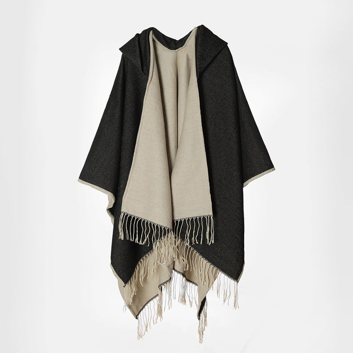 Women's hooded cape made of wool blend with reversible function and fringe hem Mune Fashion