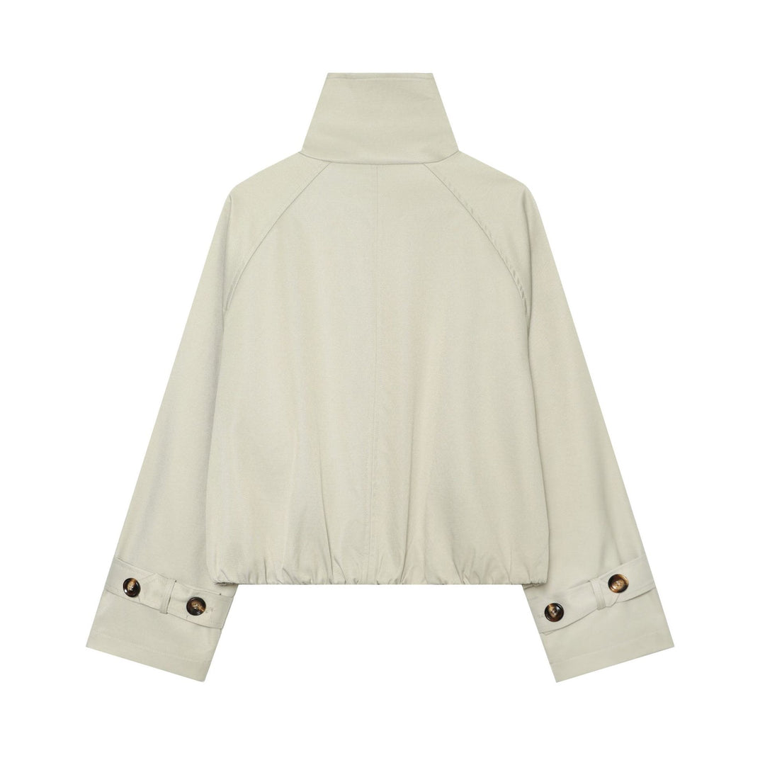 Women nan short fitted trench coat with double-breasted button placket, high stand-up collar, and removable shoulder flaps Mune Fashion