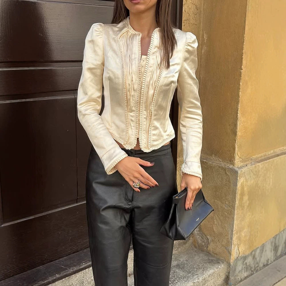 Women Tailored Cropped Blazer with Sculpted Shoulder and Decorative Trimmings Mune Fashion