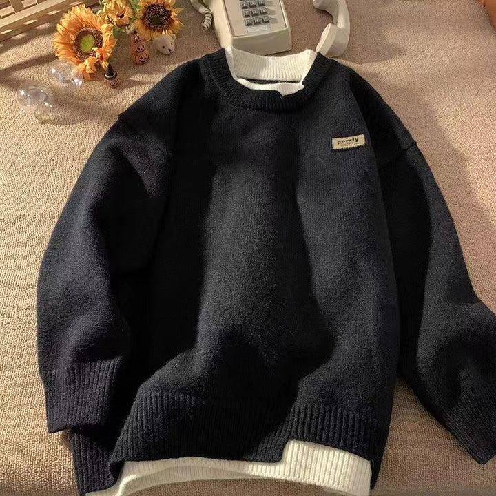Unisex Oversized Layered Look Knit Sweater with Contrasted Inner Collar and Ribbed Hem Mune Fashion
