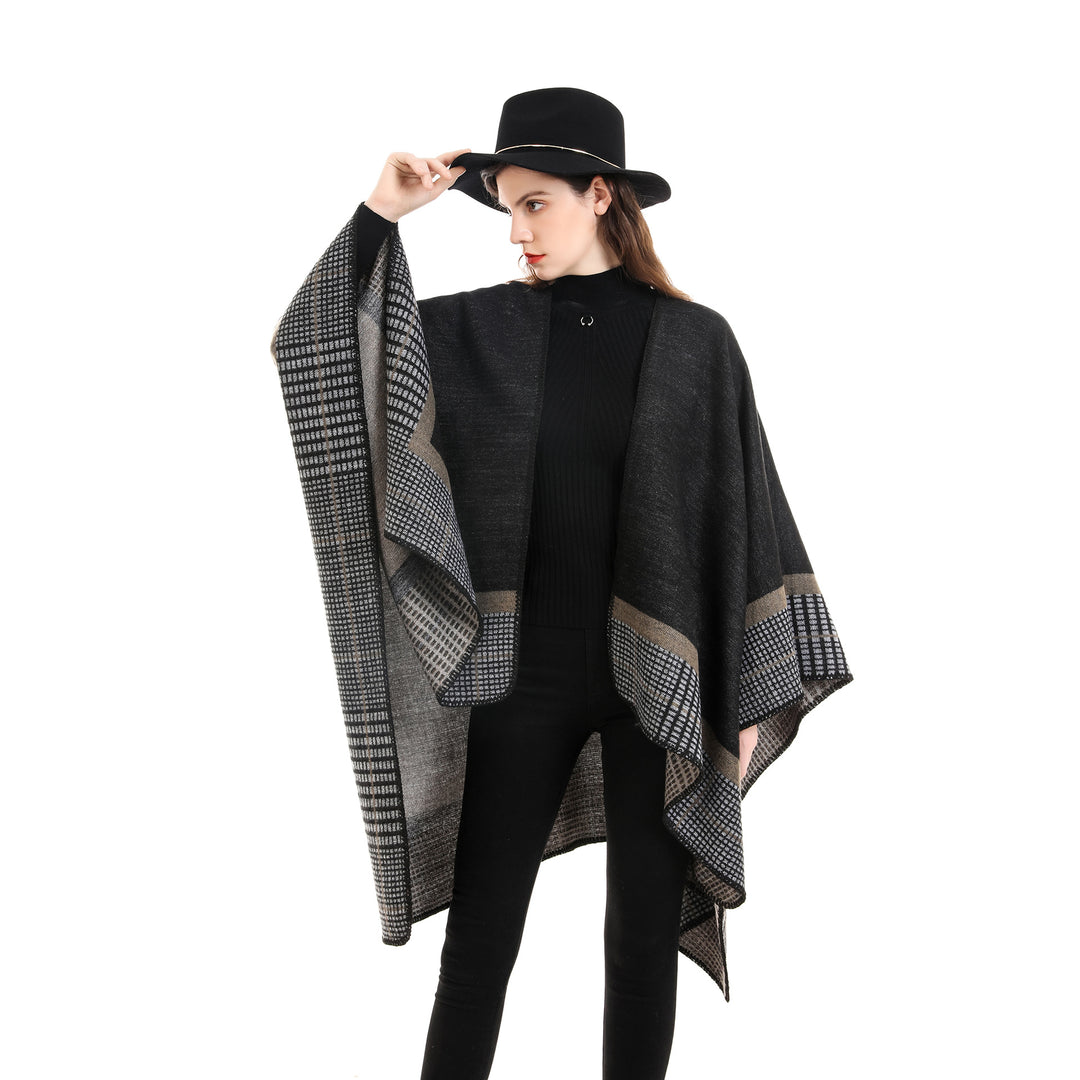 Women's wool blend poncho in asymmetric pointed cut with woven check border Mune Fashion