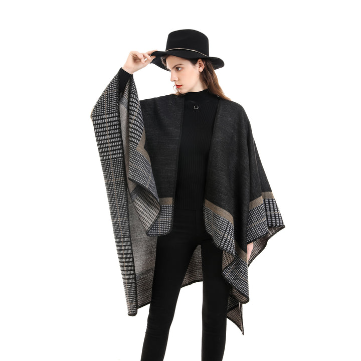 Women's wool blend poncho in asymmetric pointed cut with woven check border Mune Fashion