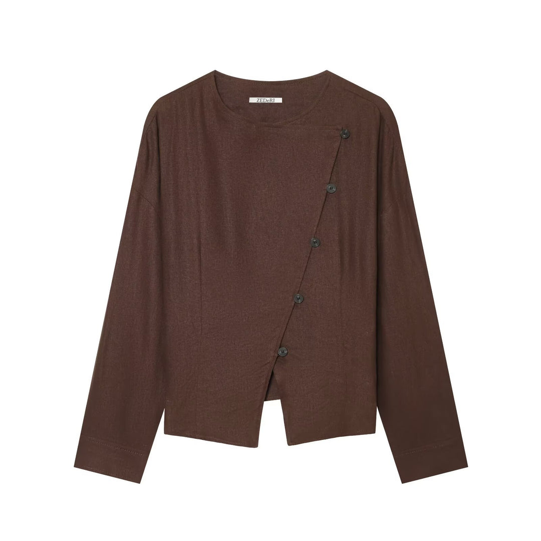 Ladies Asymmetric Linen Blouse with Diagonal Button Closure Mune Fashion