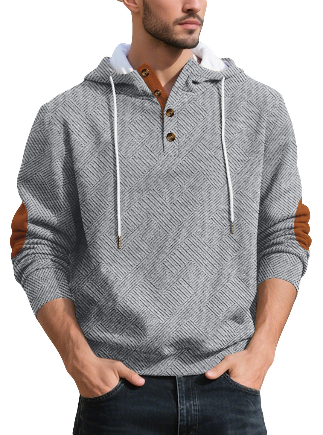 Men's structured hoodie henley pullover with jacquard texture, button placket, and elbow patches Mune Fashion