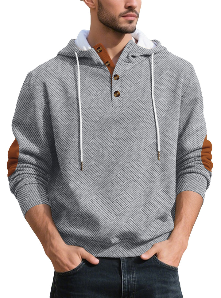 Men's structured hoodie henley pullover with jacquard texture, button placket, and elbow patches Mune Fashion