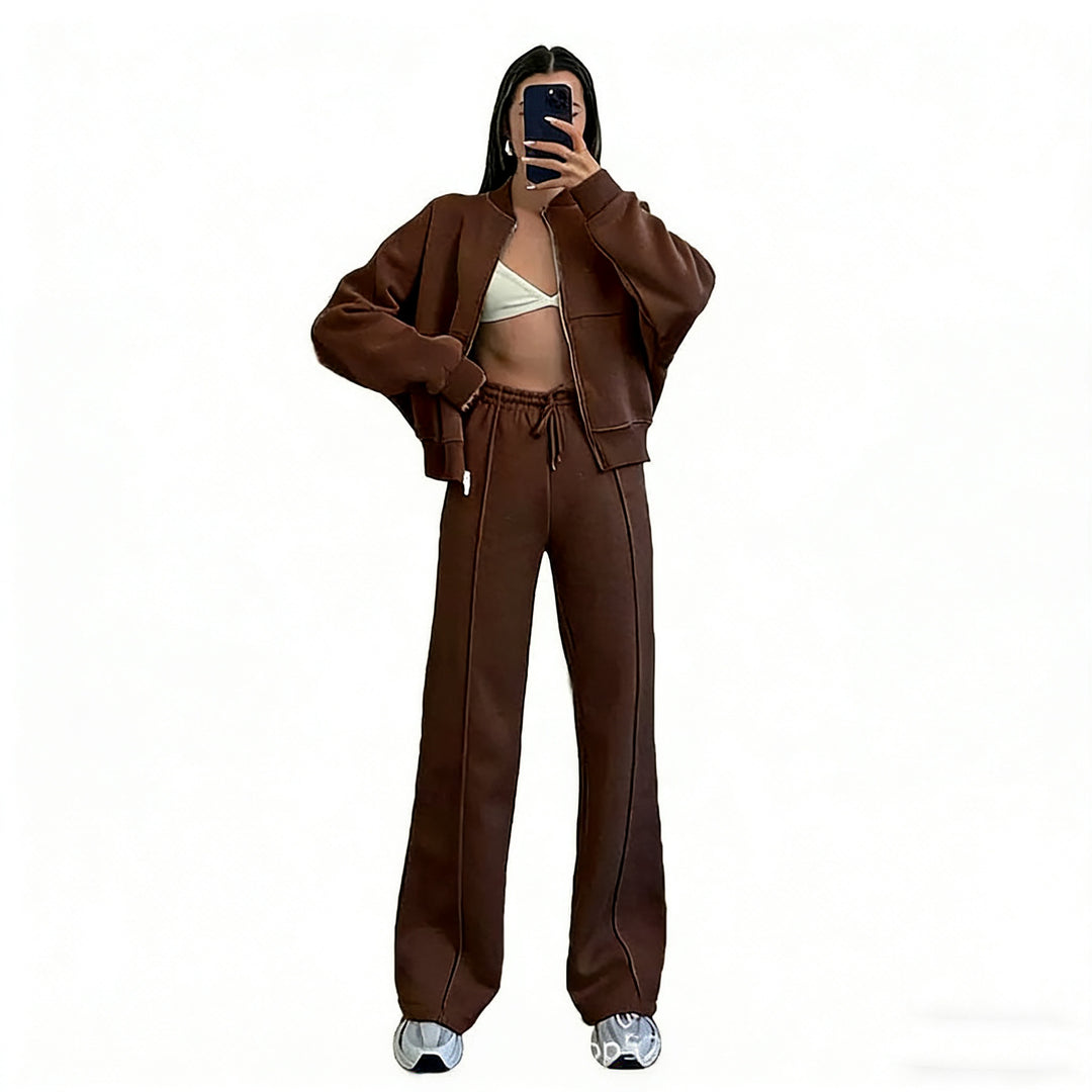 Women’s cropped bomber jacket with zipper and loose high-waist joggers set Mune Fashion