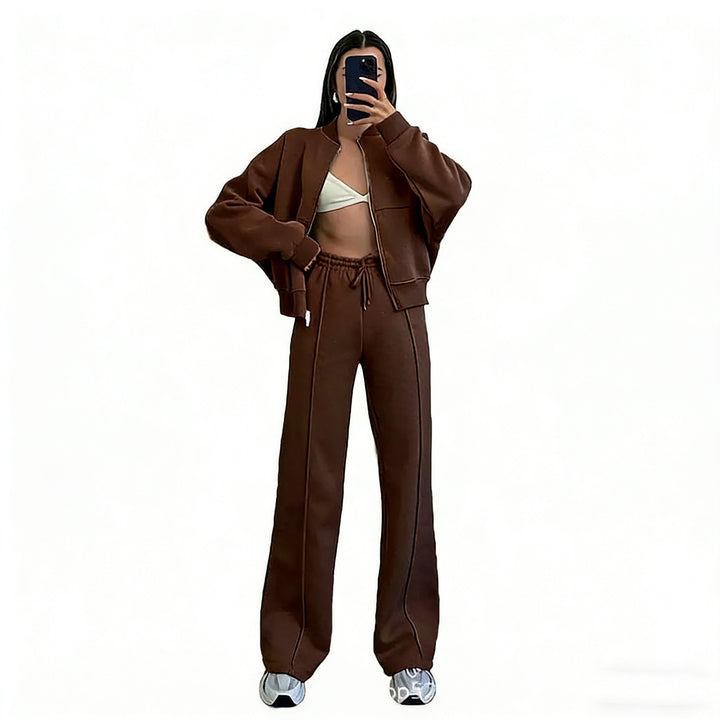 Women’s cropped bomber jacket with zipper and loose high-waist joggers set Mune Fashion
